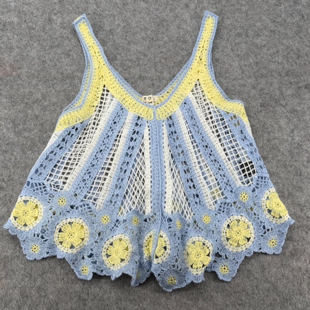 POL Womens Crochet Tank Top Blue Yellow Floral Scalloped Hem V-Neck One Size